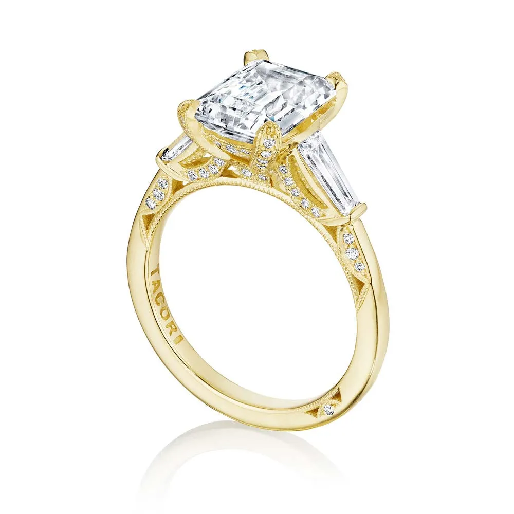 18k Yellow Gold Emerald Three-Stone Diamond Engagement Ring