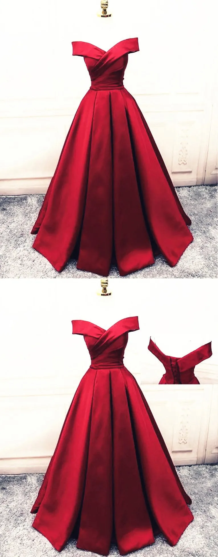 Fashionable Dark Red Satin Simple Off Shoulder Prom Dress, Red Party Dress Evening Dress