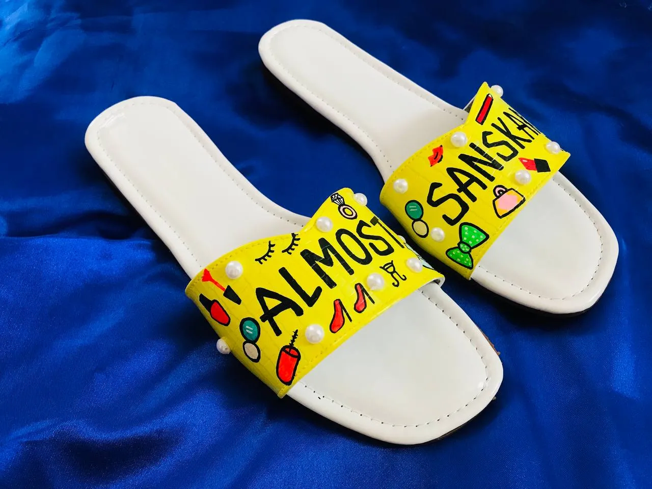 FUNKY N TRENDY hand crafted painted flats / handpainted flats / quirky flats/almost sanskari flats / yellow flats /slids / haldi theme flats