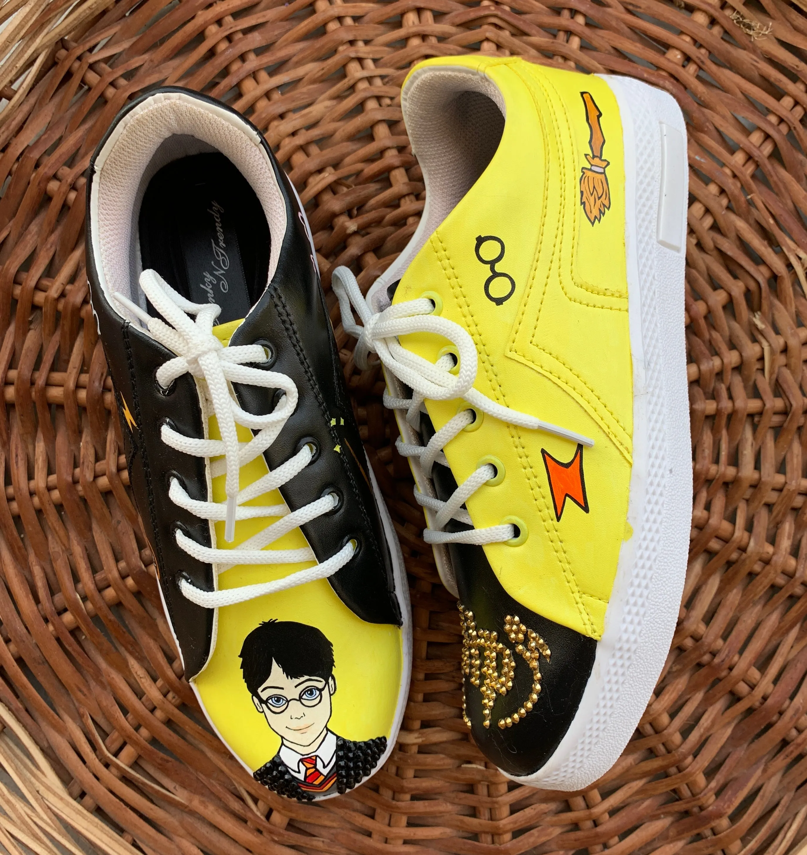 Funky N Trendy hand painted water resistant Harry Potter theme black sneakers / rhinestone shoes / black shoes / yellow shoes