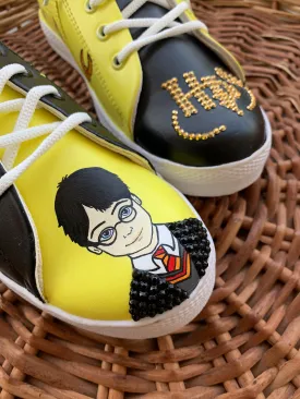 Funky N Trendy hand painted water resistant Harry Potter theme black sneakers / rhinestone shoes / black shoes / yellow shoes