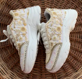 Funky N Trendy ivory / off white embroidery work bridal sneakers/ bridesmaid sneaker / hancrafted sneakers / gold sneakers / golden sneakers