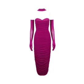 Pre Order:  Solid Pleated Mesh Bandage Dress with Gloves