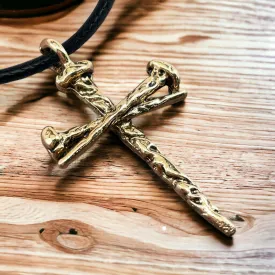 Rugged Antique Nail Cross Necklace In Gold