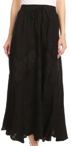 Sakkas Evelyn Womens Stonewashed Maxi Ruffle Skirt with Elastic Waist & Embroidery