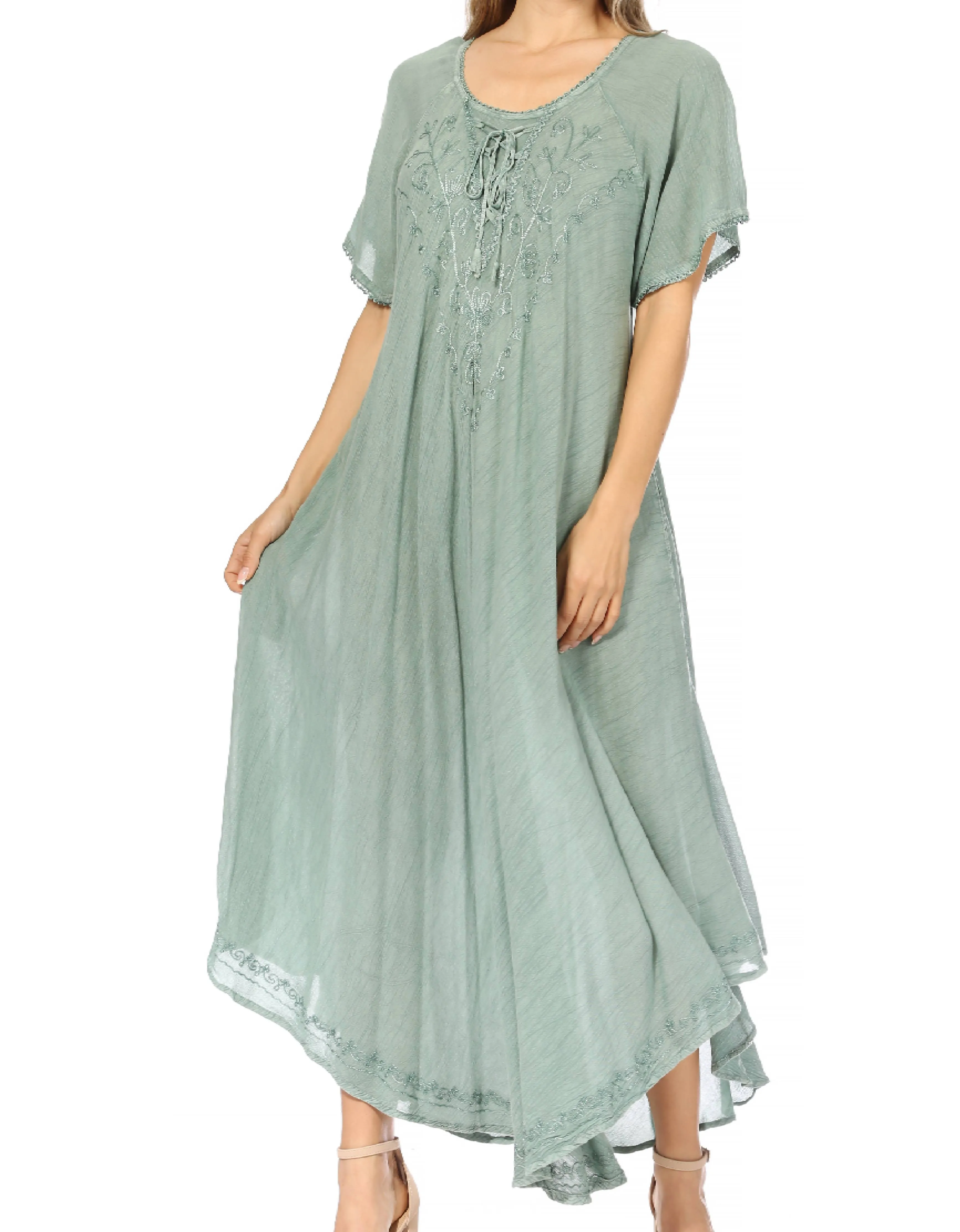 Sakkas Lilia Embroidered Lace Up Bodice Relaxed Fit  Maxi Sun Dress