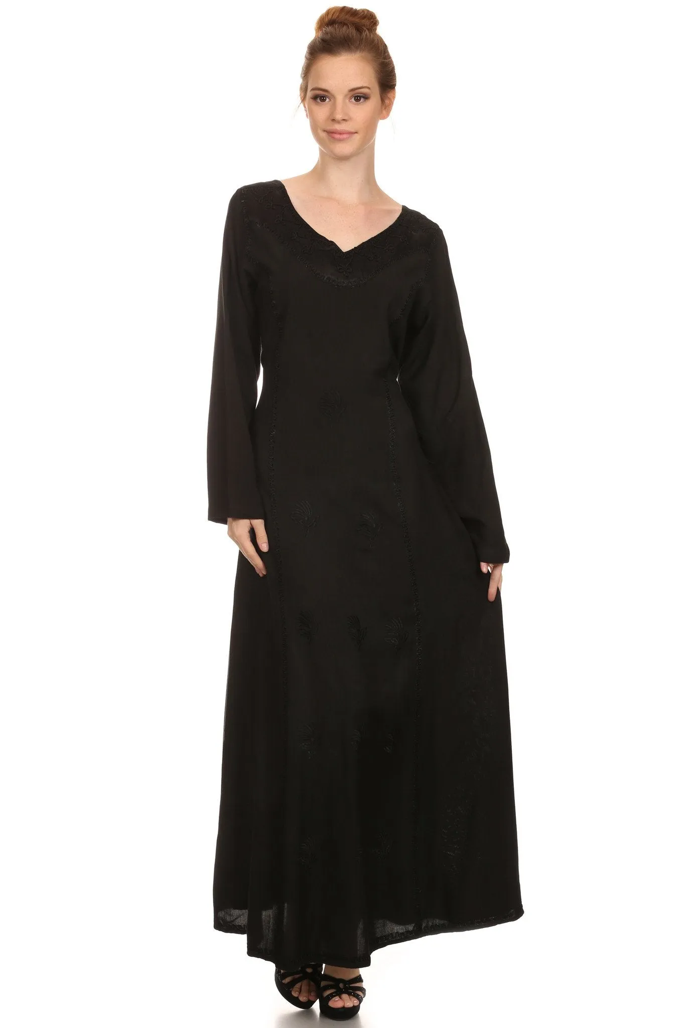 Sakkas Lilybell Embroidered Bell Long Sleeve V-Neck Adjustable Caftan Dress