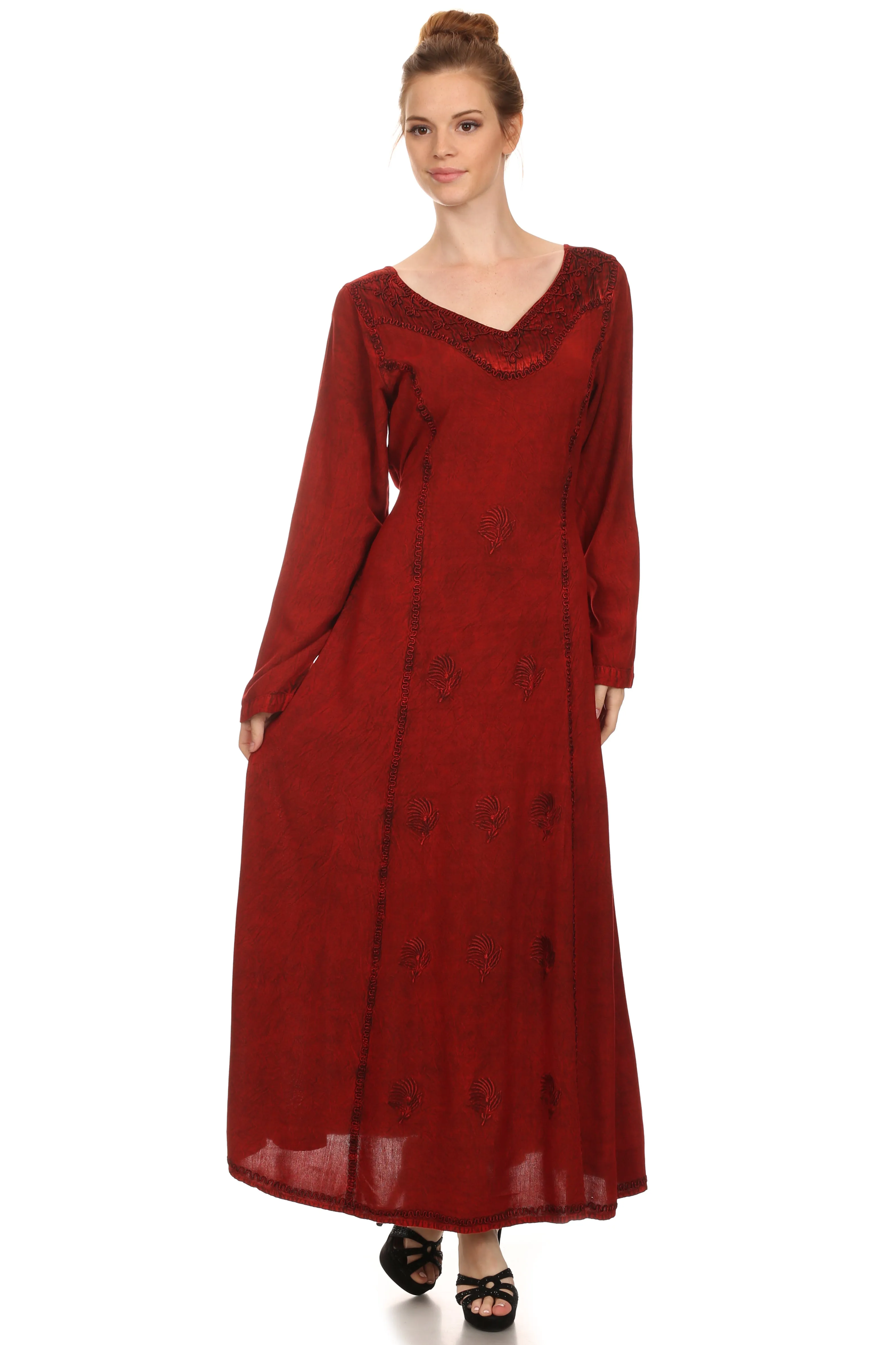 Sakkas Lilybell Embroidered Bell Long Sleeve V-Neck Adjustable Caftan Dress