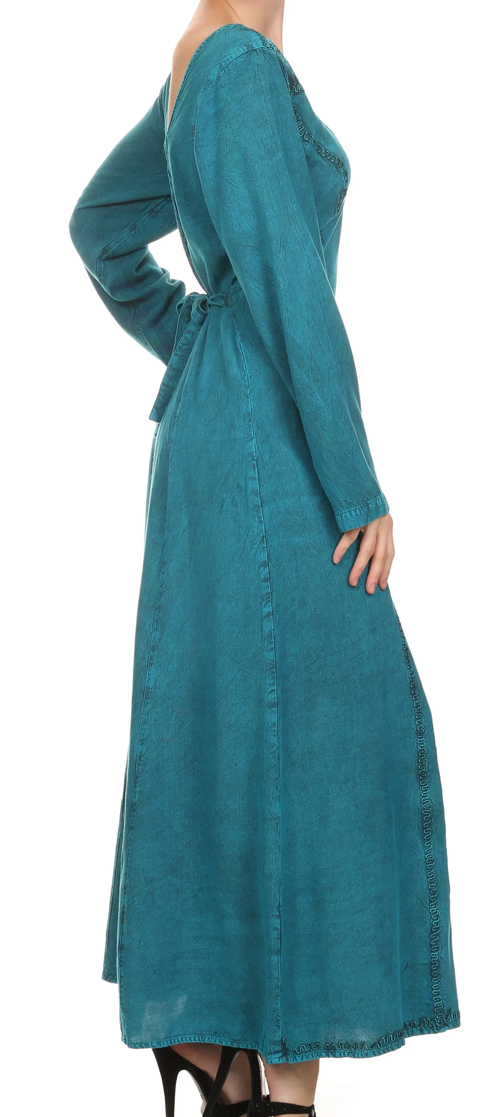 Sakkas Lilybell Embroidered Bell Long Sleeve V-Neck Adjustable Caftan Dress