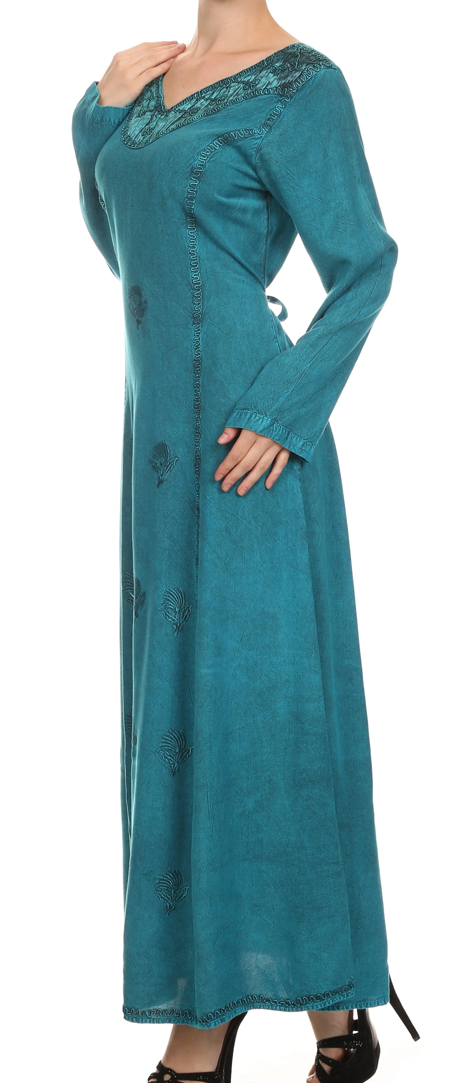 Sakkas Lilybell Embroidered Bell Long Sleeve V-Neck Adjustable Caftan Dress