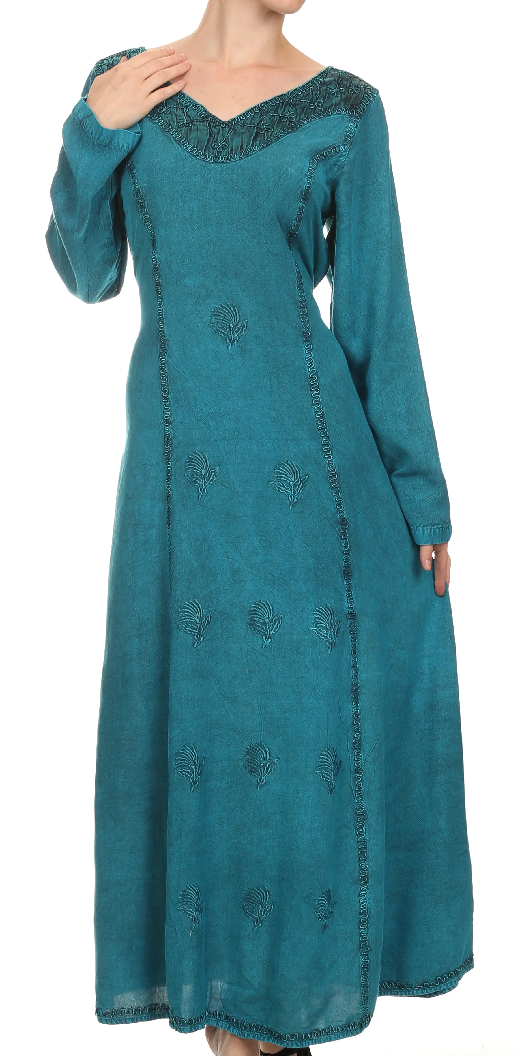 Sakkas Lilybell Embroidered Bell Long Sleeve V-Neck Adjustable Caftan Dress