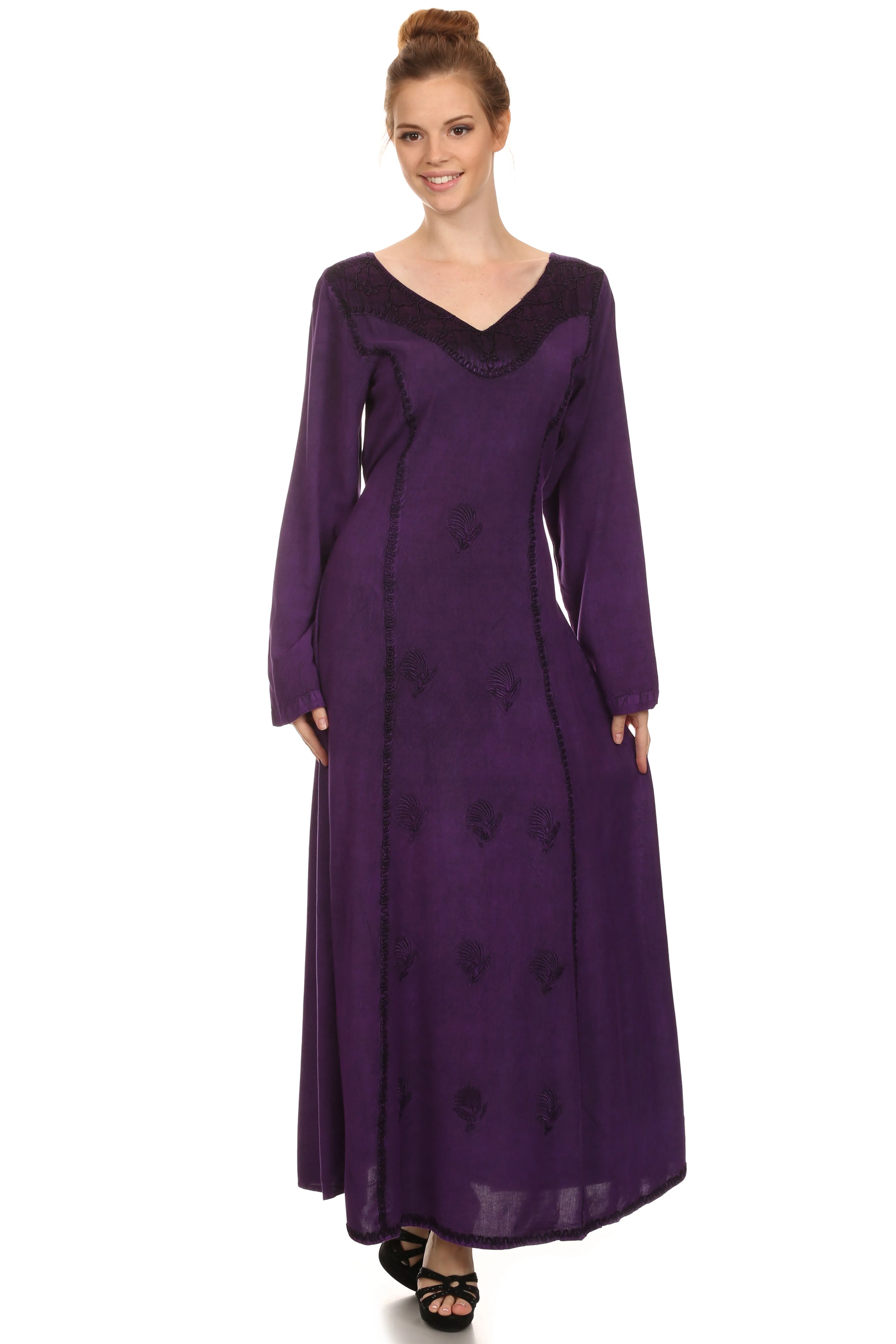 Sakkas Lilybell Embroidered Bell Long Sleeve V-Neck Adjustable Caftan Dress