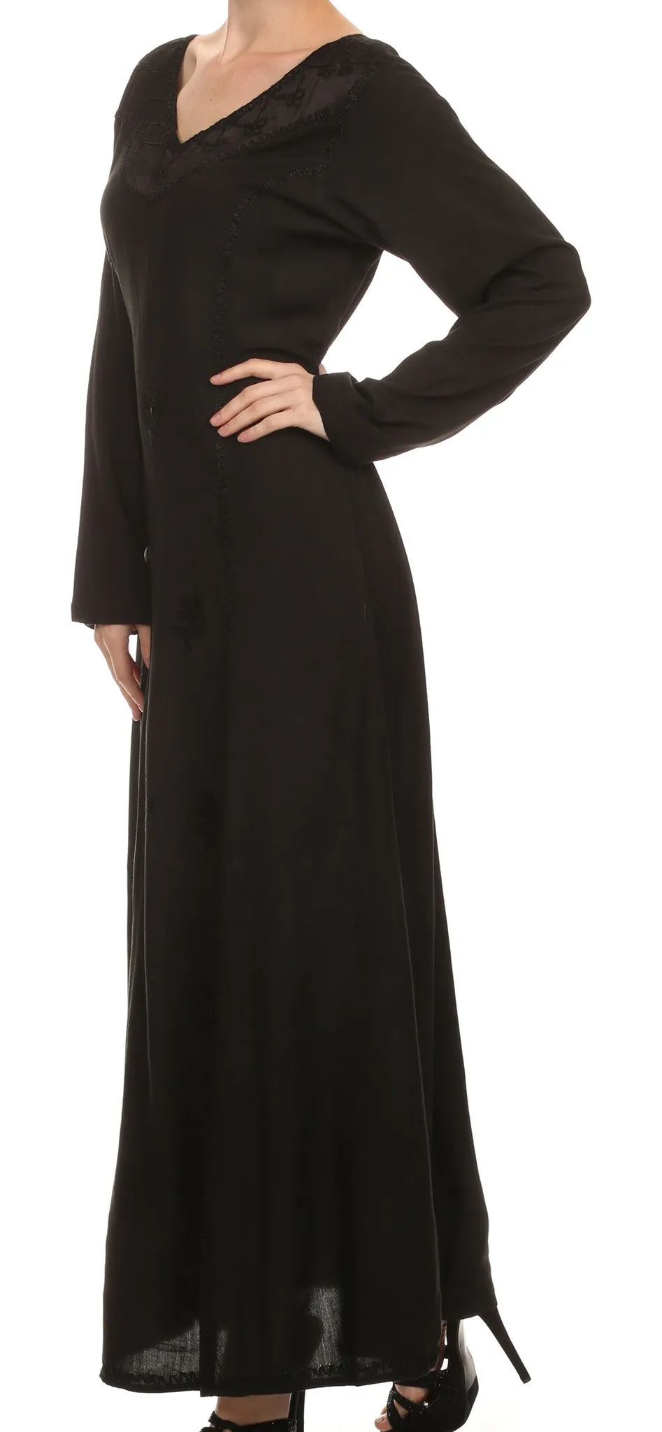 Sakkas Lilybell Embroidered Bell Long Sleeve V-Neck Adjustable Caftan Dress