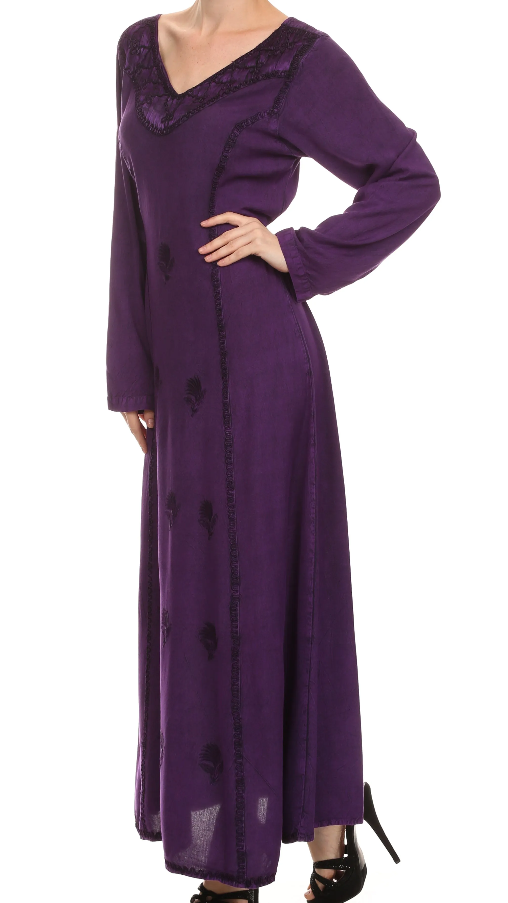 Sakkas Lilybell Embroidered Bell Long Sleeve V-Neck Adjustable Caftan Dress