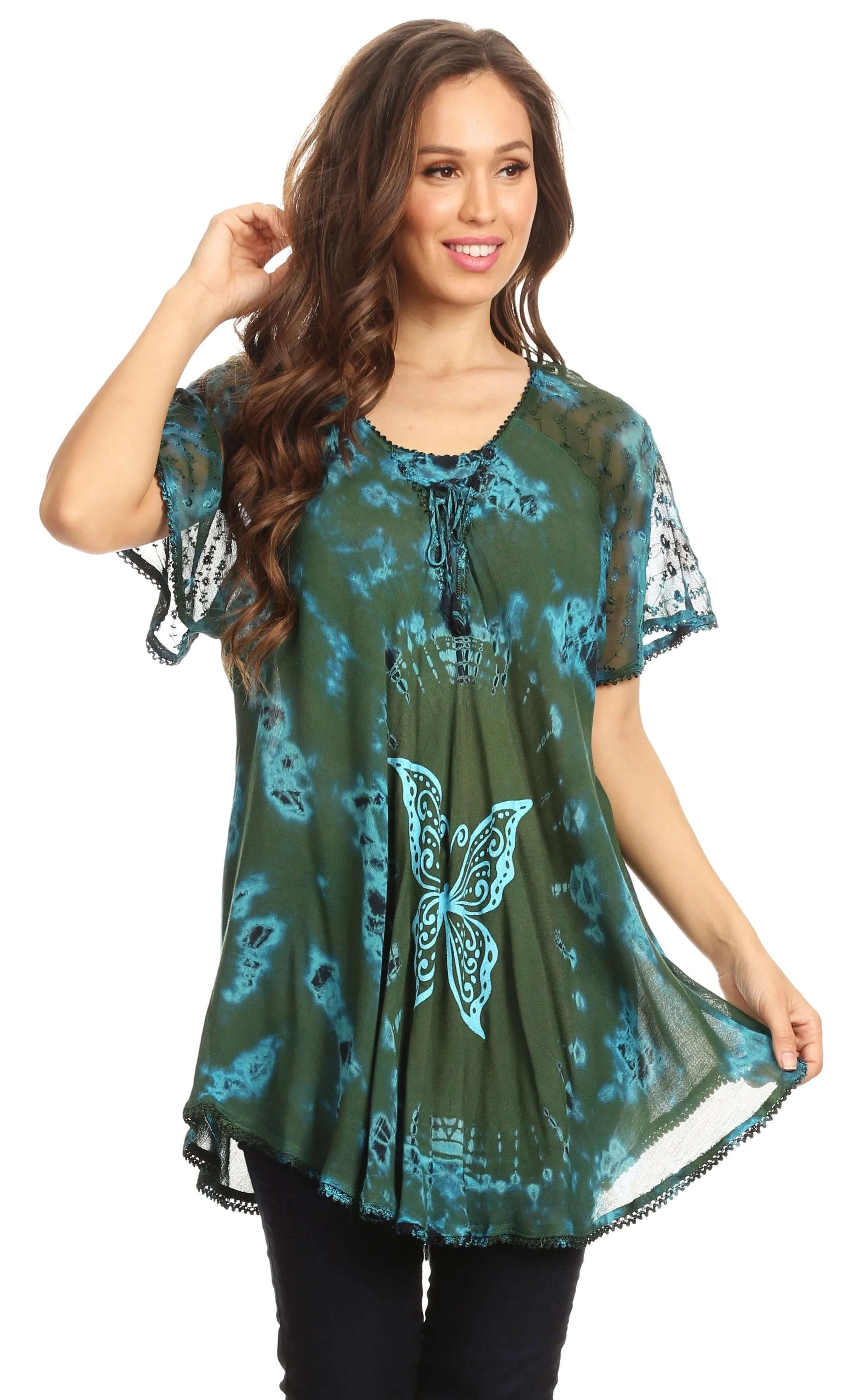 Sakkas Mayar Womens Tie-dye Short Sleeve Everyday Top Blouse with Lace & Corset