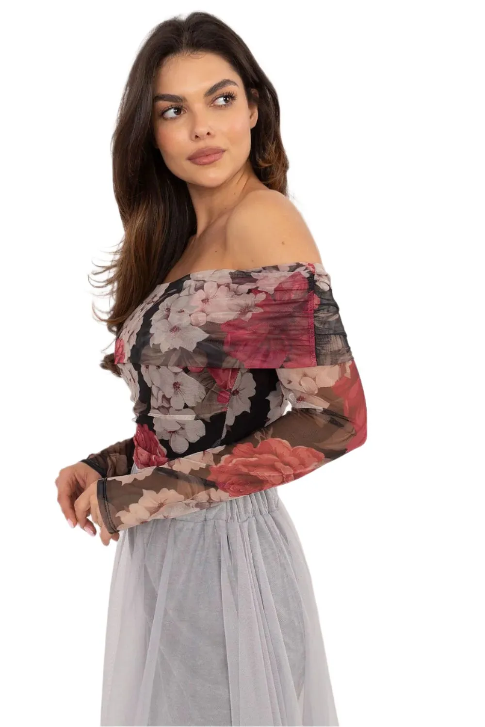 TEEK - Sheer Demure Printed Off-Shoulder Blouse