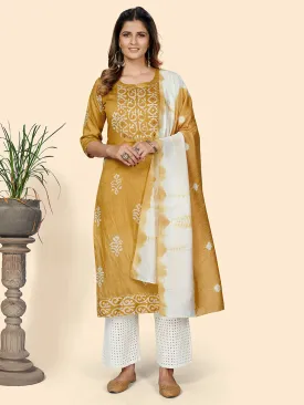 Women'S Batik Print Straight Chanderi Yellow Stitched Kurta With Dupatta