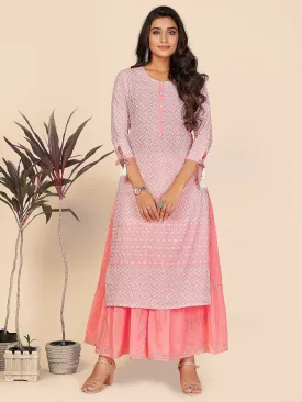 Women'S Chikankari Work Straight Cotton Baby Pink Stitched Kurta With Skirt