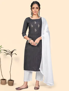 Women'S Cotton Blend Embroidered Straight Stitched Kurta Pant With Dupatta