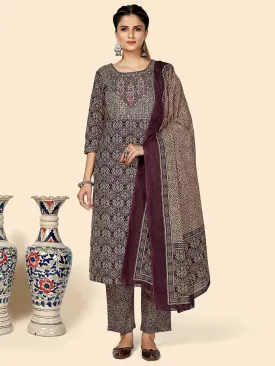 Women'S Embroidered & Sequience Work Straight Cotton Purple Stitched Kurta Pant With Dupatta