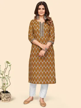 Women'S Floral Print Straight Cotton Mustard Stitched Kurta