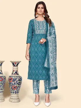 Women'S Print & Embroidered Straight Cotton Teal Stitched Kurta Pant With Dupatta