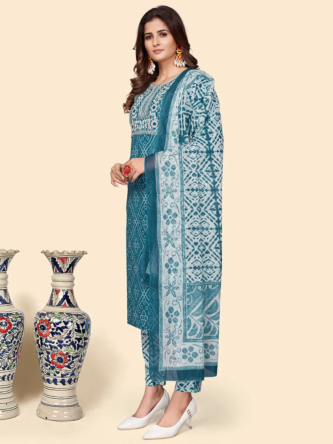 Women'S Print & Embroidered Straight Cotton Teal Stitched Kurta Pant With Dupatta