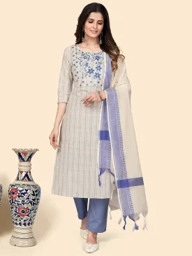 Women'S Print & Embroidered Straight Cotton White Stitched Kurta Pant With Dupatta