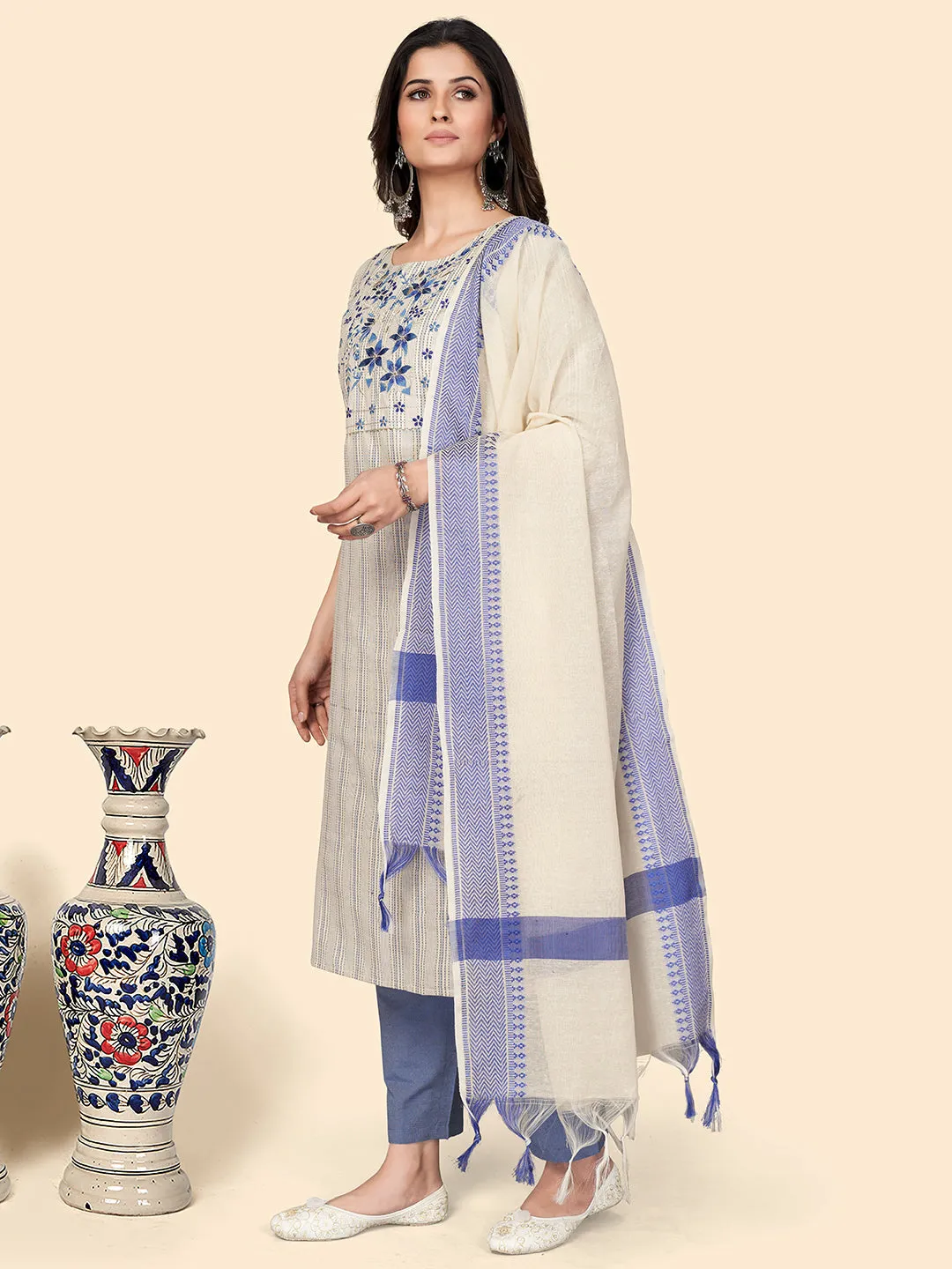 Women'S Print & Embroidered Straight Cotton White Stitched Kurta Pant With Dupatta