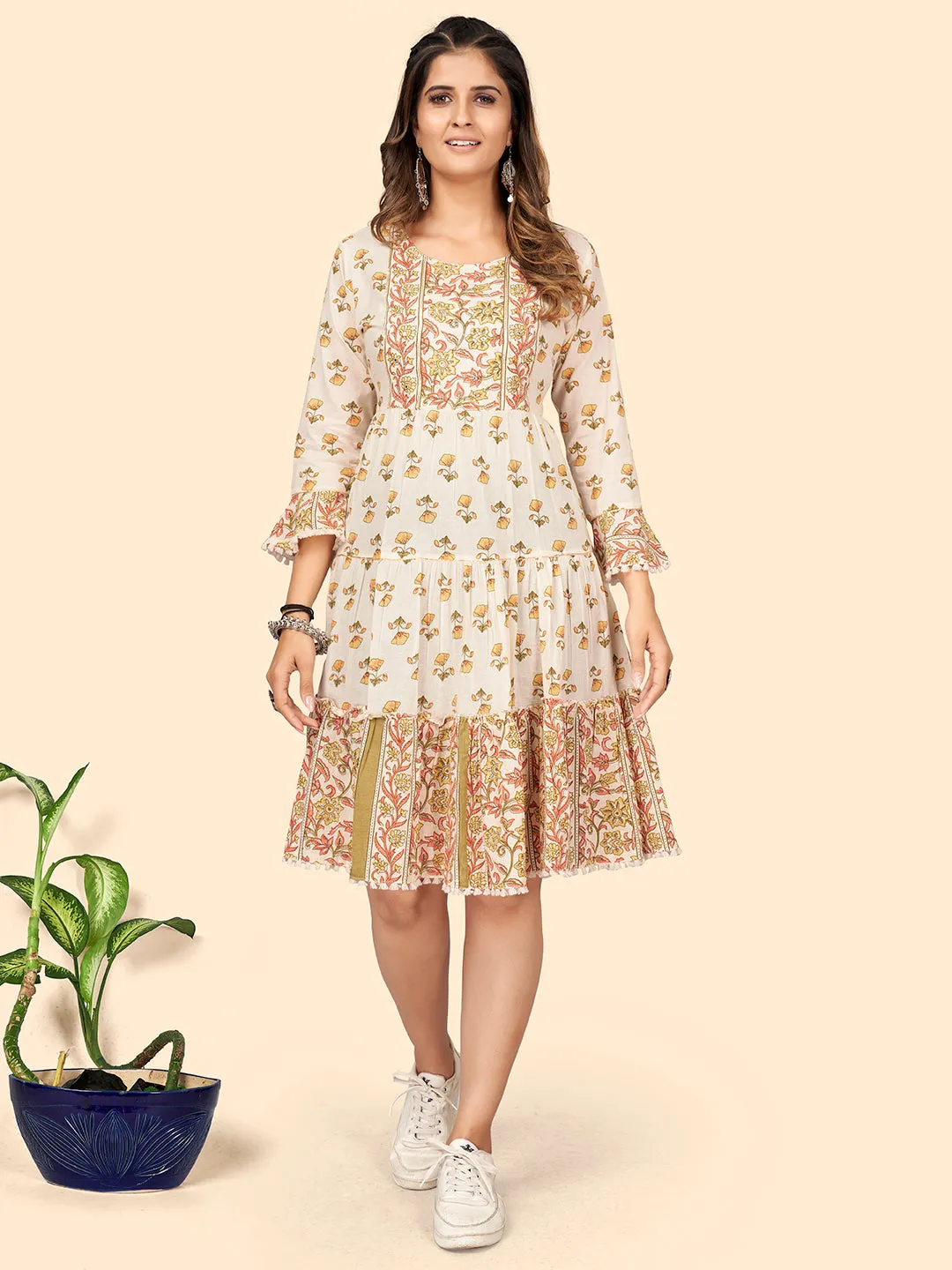 Women'S Print & Hand Work Flared Cotton Cream Stitched Dress