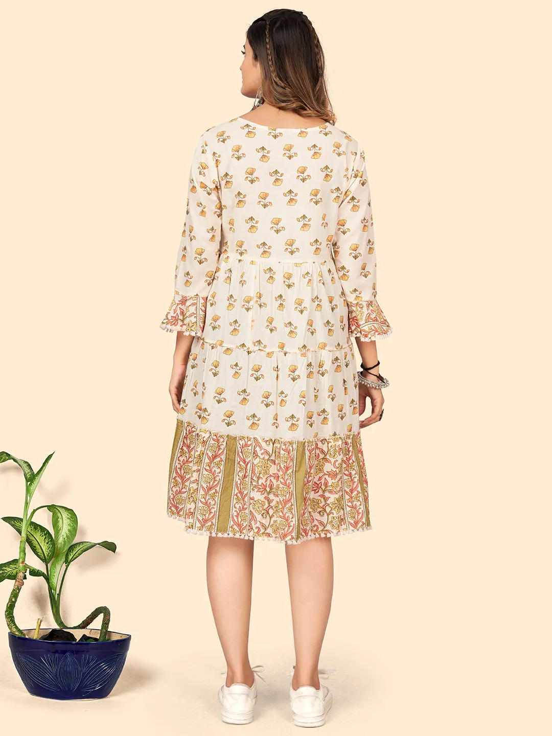 Women'S Print & Hand Work Flared Cotton Cream Stitched Dress