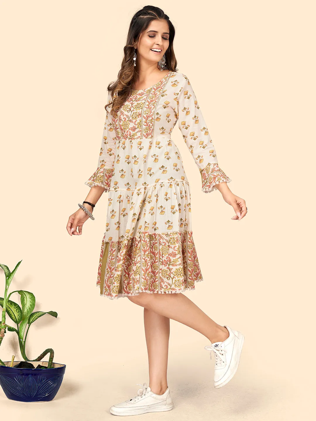 Women'S Print & Hand Work Flared Cotton Cream Stitched Dress