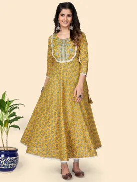 Women'S Print & Lace Work Anarkali Cotton Yellow Stitched Kurta