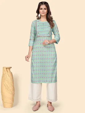 Women'S Print & Mirror Work Straight Cotton Turquoise Stitched Kurta