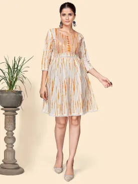 Women'S Print & Sequience Flared Cotton Orange Stitched Dress