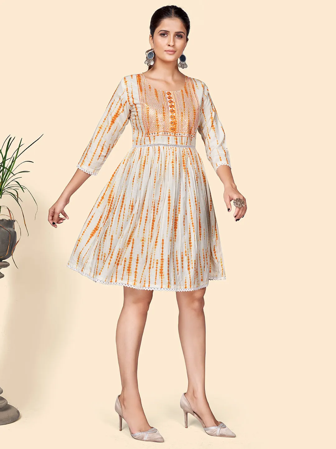 Women'S Print & Sequience Flared Cotton Orange Stitched Dress