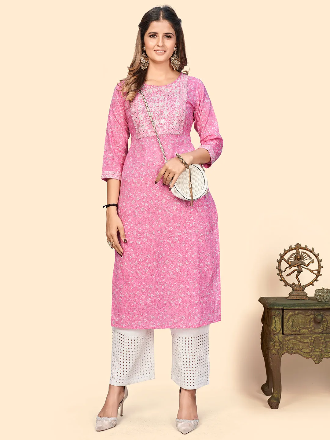 Women'S Print & Sequience Straight Cotton Baby Pink Stitched Kurta