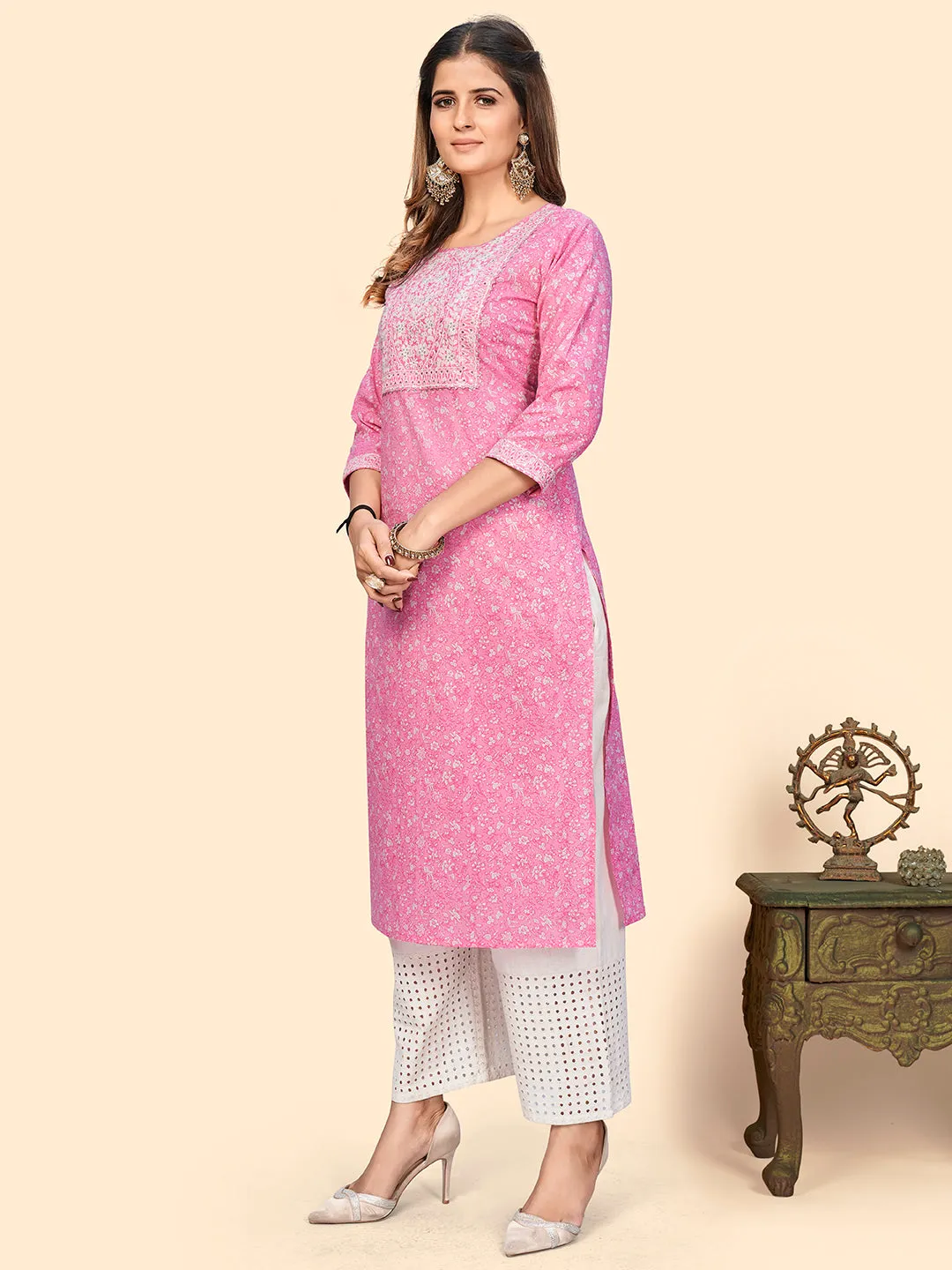 Women'S Print & Sequience Straight Cotton Baby Pink Stitched Kurta