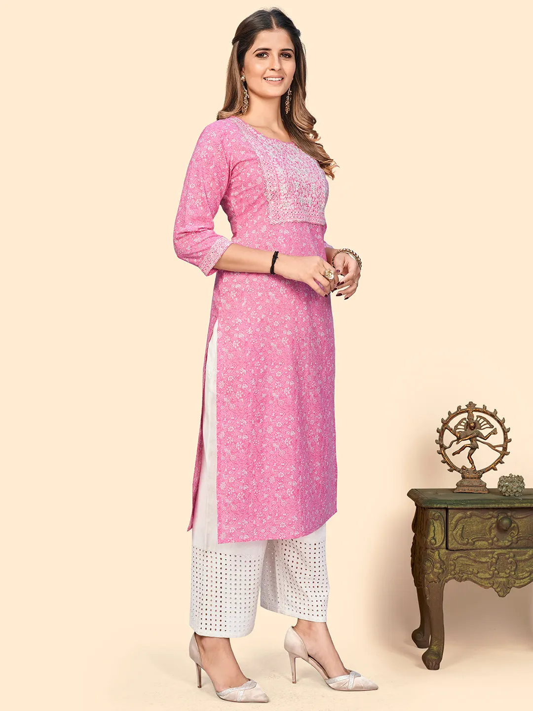 Women'S Print & Sequience Straight Cotton Baby Pink Stitched Kurta