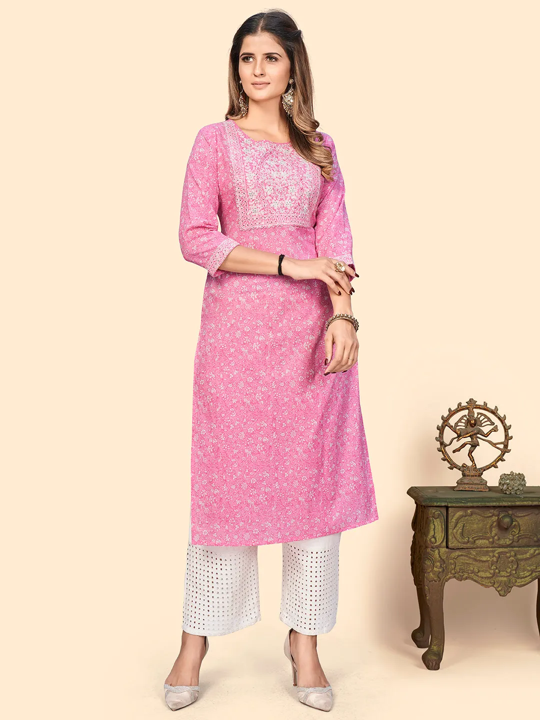 Women'S Print & Sequience Straight Cotton Baby Pink Stitched Kurta