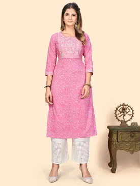 Women'S Print & Sequience Straight Cotton Baby Pink Stitched Kurta