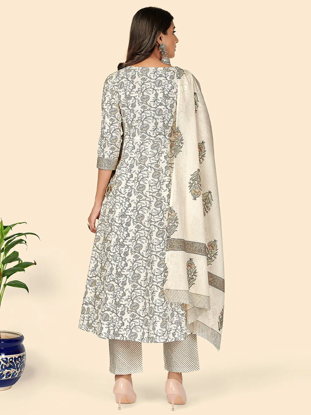 Women'S Print & Sequience Straight Cotton Beige Stitched Kurta Pant With Dupatta