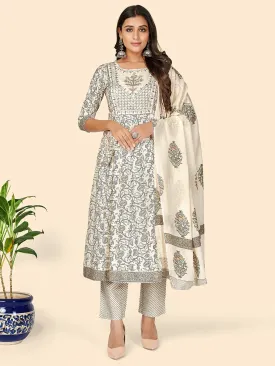 Women'S Print & Sequience Straight Cotton Beige Stitched Kurta Pant With Dupatta