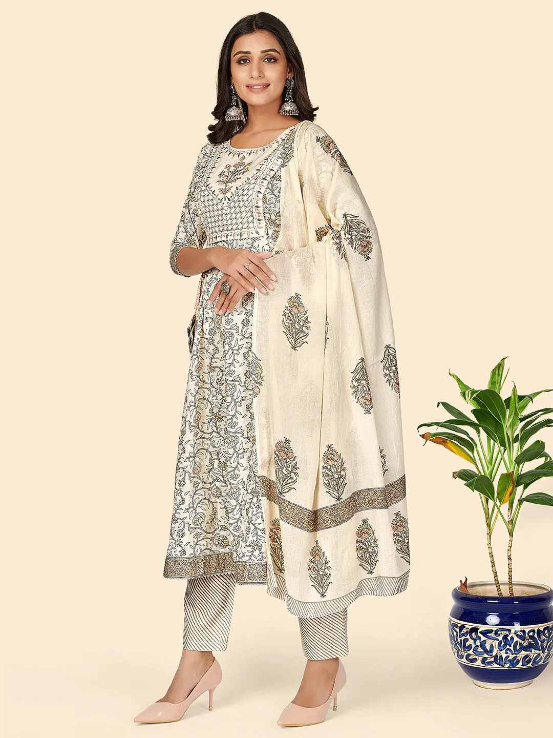 Women'S Print & Sequience Straight Cotton Beige Stitched Kurta Pant With Dupatta