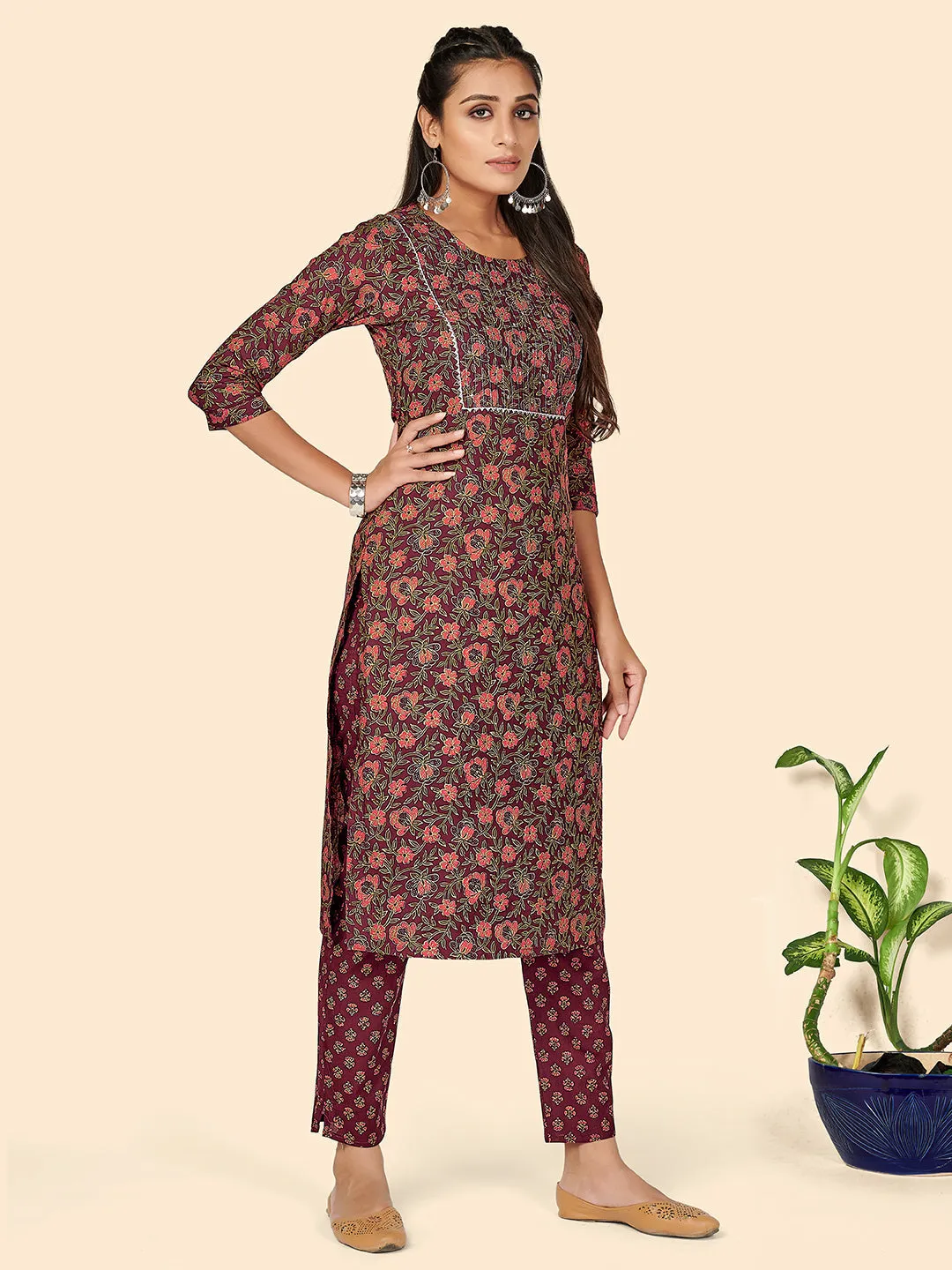 Women'S Print & Sequience Straight Cotton Purple Stitched Kurta Pant With Dupatta