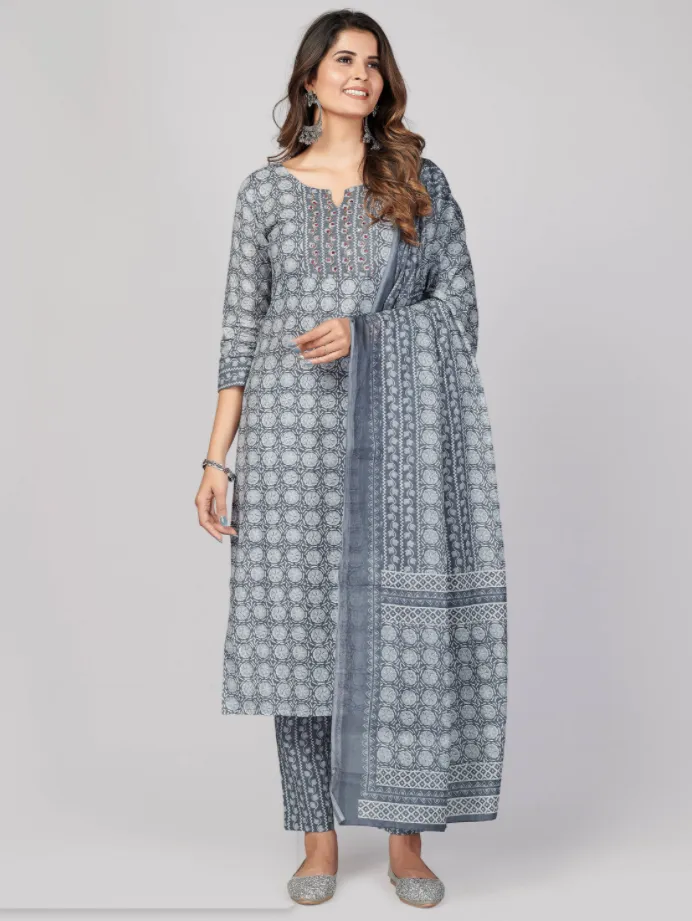 Women'S Printed & Embellished & Mirror Work Straight Cotton Grey Stitched Kurta Pant With Dupatta (3Pcs Set)