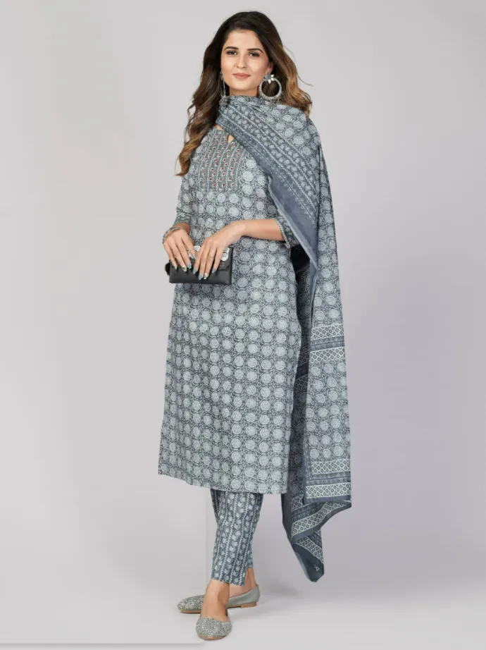 Women'S Printed & Embellished & Mirror Work Straight Cotton Grey Stitched Kurta Pant With Dupatta (3Pcs Set)