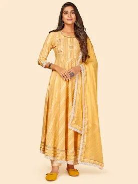 Women'S Printed & Hand Work Anarkali Yarn Dyed Yellow Stitched Kurta Pant With Dupatta