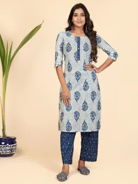 Women'S Printed & Hand Work Straight Cotton White Stitched Kurta With Pant